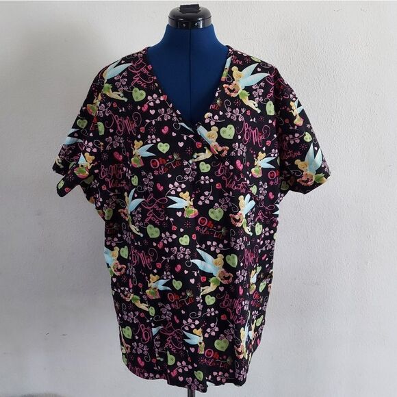 Disney Thinker Bell Black Pink Valentine's Day Scrub Top 2X - Picture 1 of 7